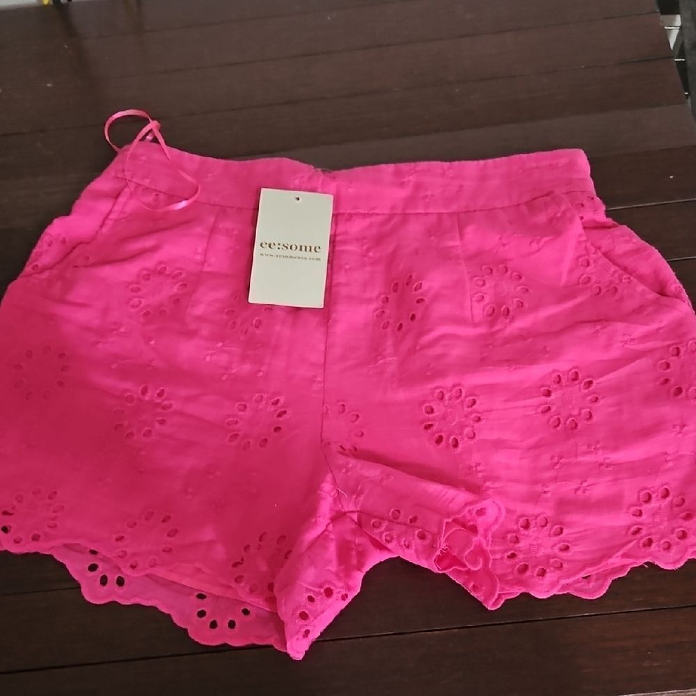 eesome Pink High Waist Lace Trim Shorts